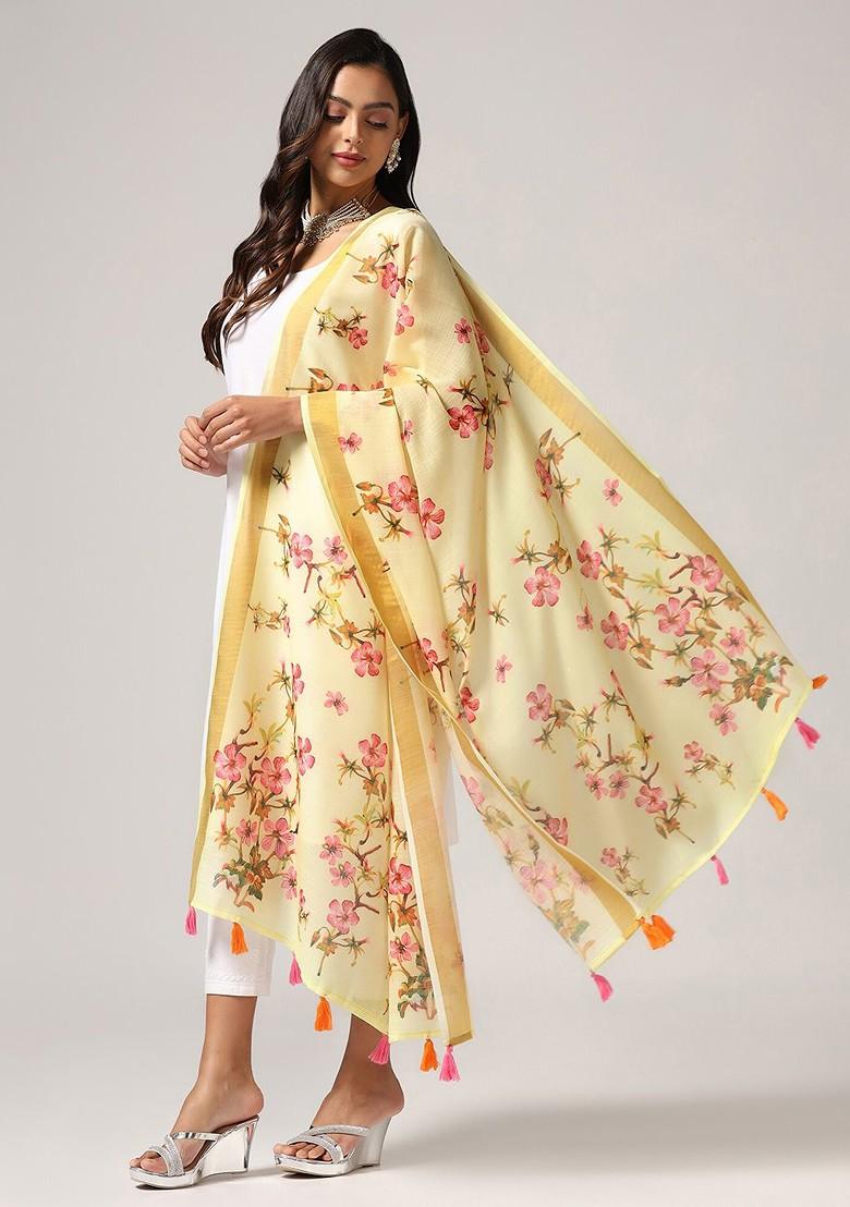 Floral Printed Dupatta With Zari