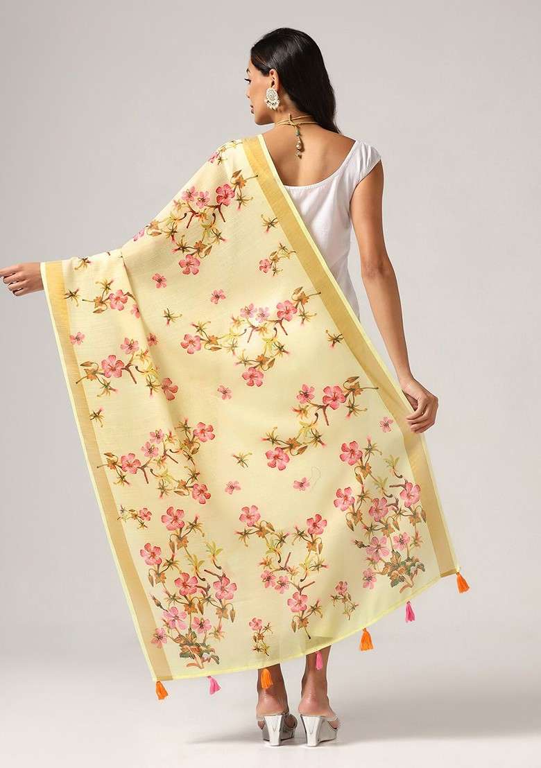 Floral Printed Dupatta With Zari - Indya