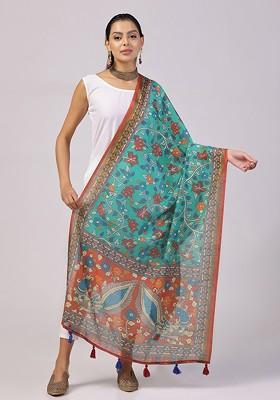 Floral Printed Linen Kalamkari Dupatta