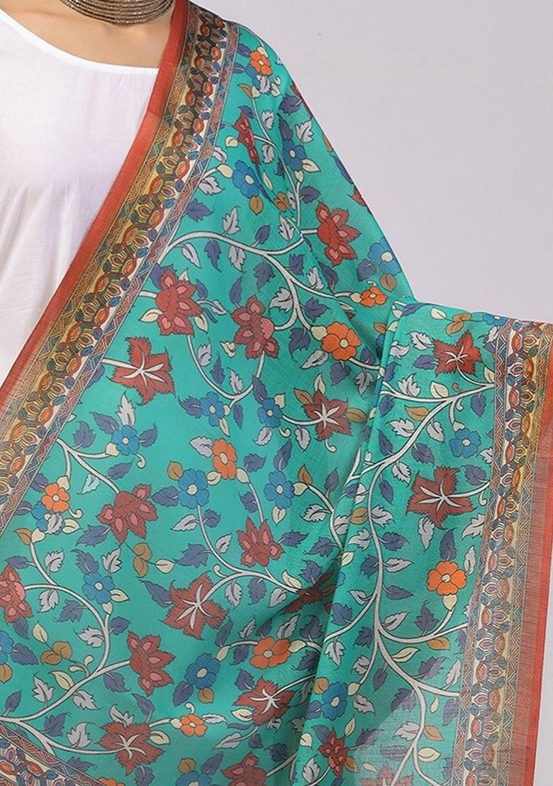 Floral Printed Linen Kalamkari Dupatta