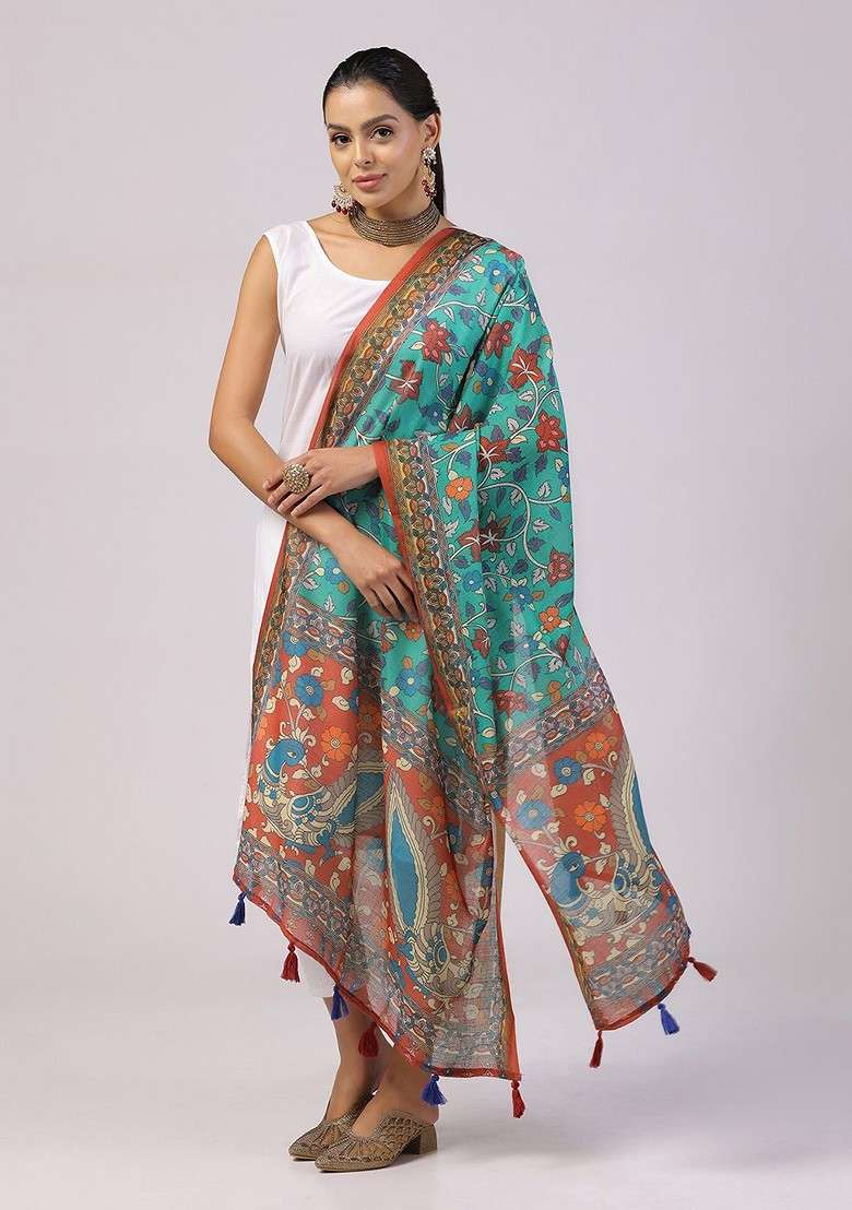 Floral Printed Linen Kalamkari Dupatta - Indya