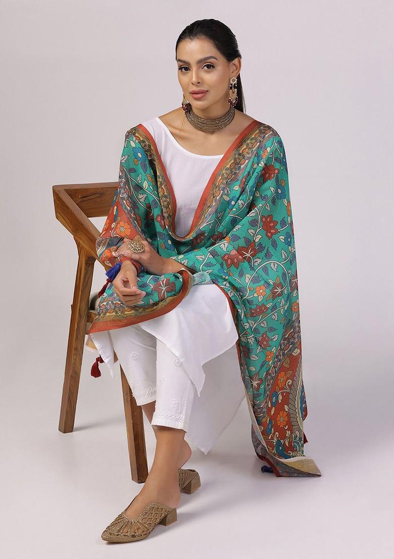 Floral Printed Linen Kalamkari Dupatta