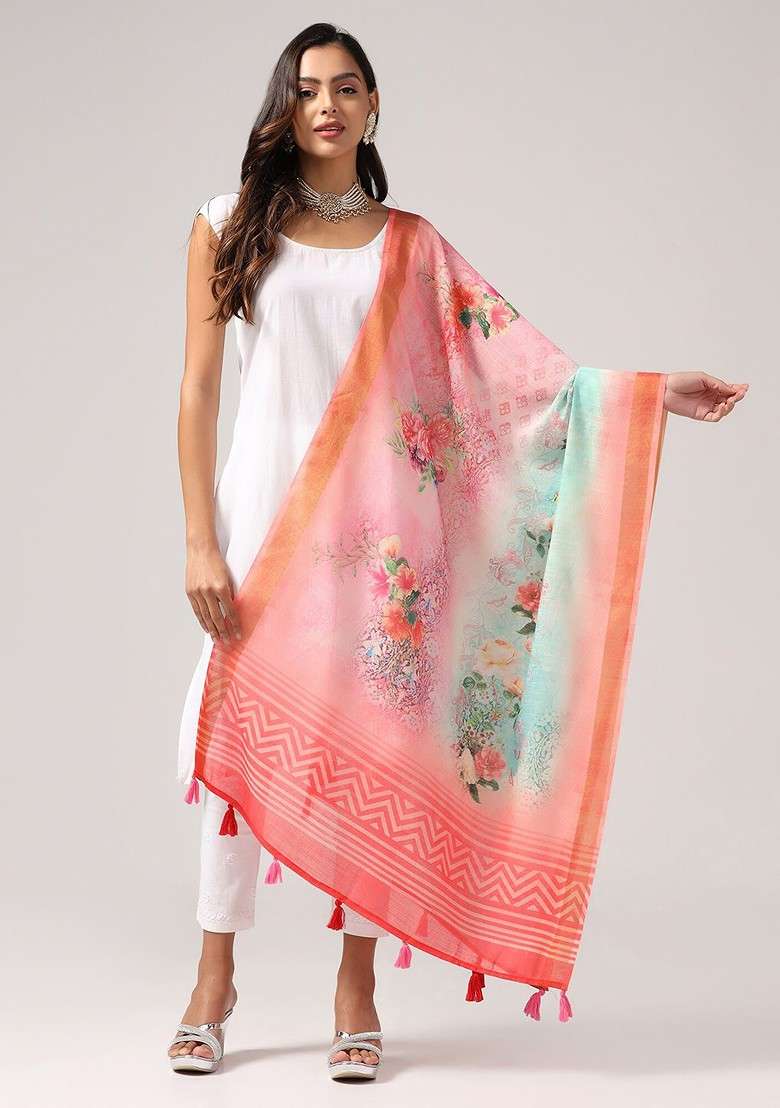 Floral Printed Linen Kalamkari Dupatta With Zari - Indya