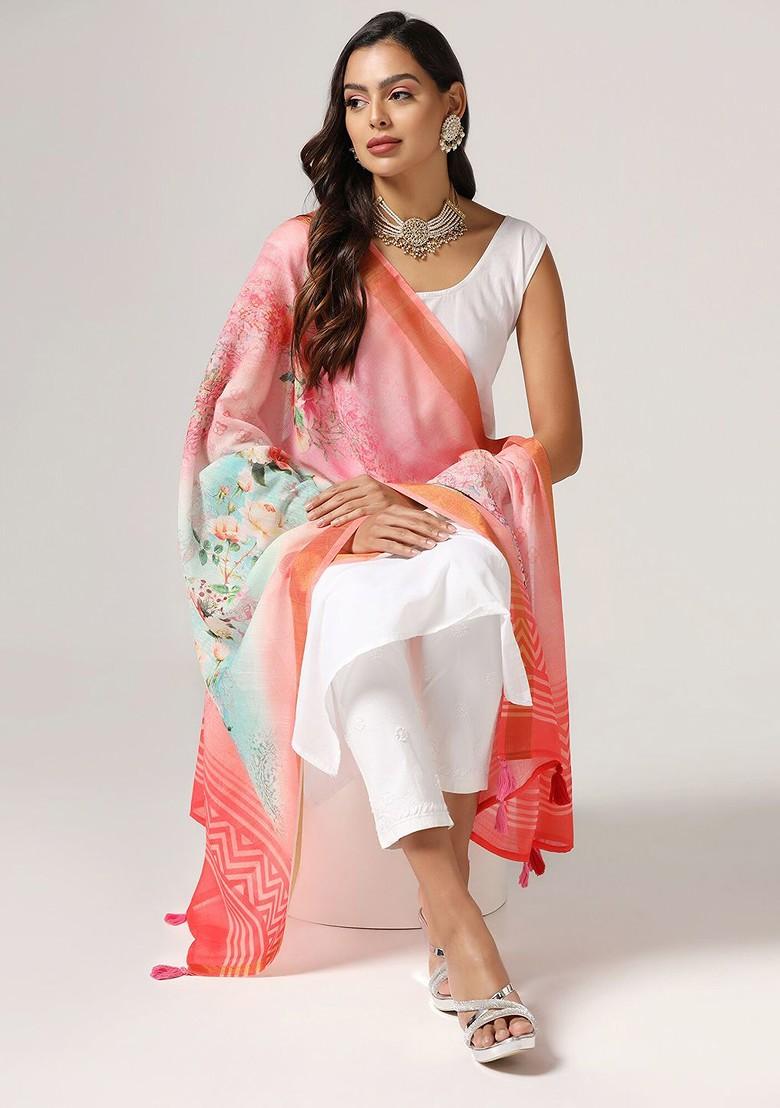 Floral Printed Linen Kalamkari Dupatta With Zari