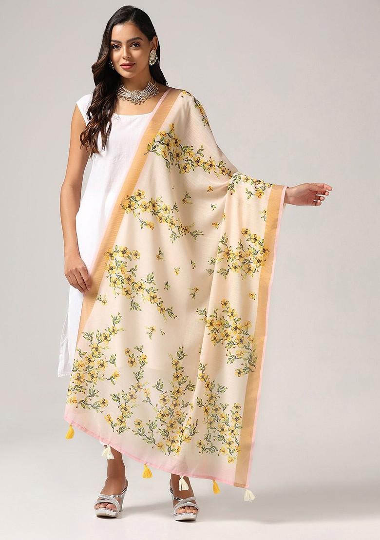 Floral Printed Dupatta With Zari