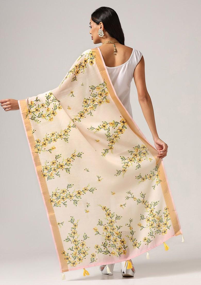 Floral Printed Dupatta With Zari