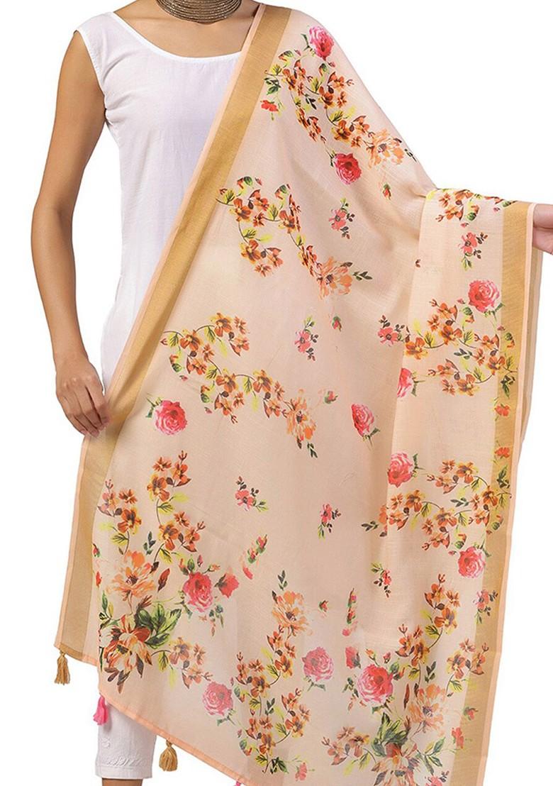Floral Printed Dupatta With Zari