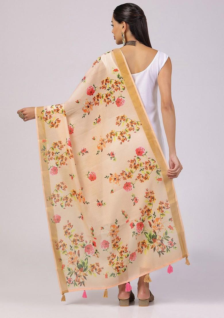 Floral Printed Dupatta With Zari