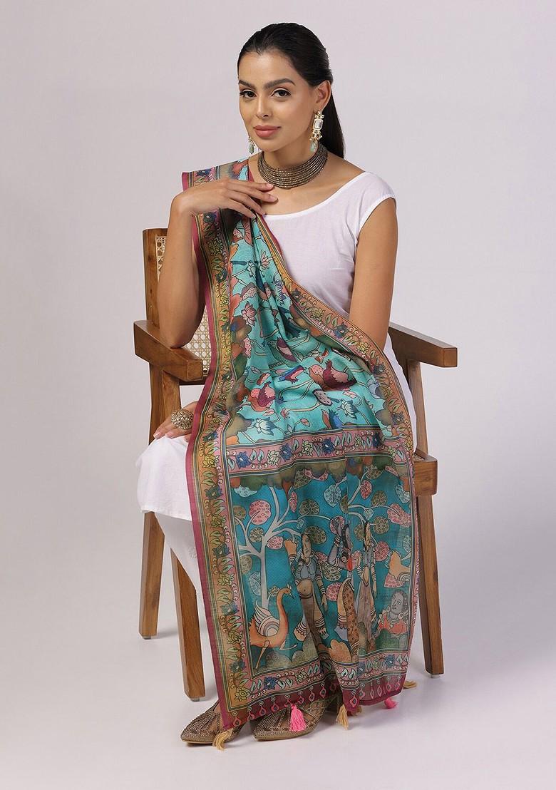Floral Printed Linen Kalamkari Dupatta