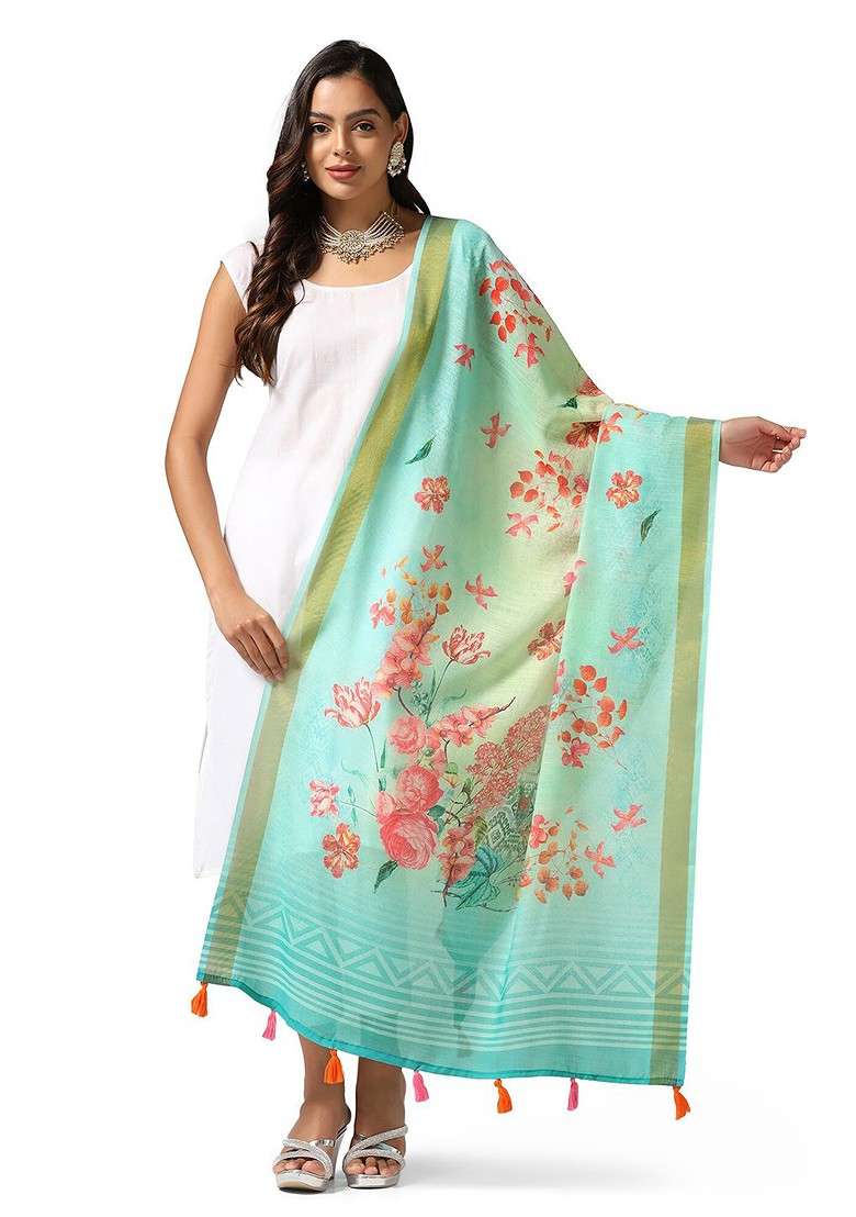 Floral Printed Dupatta With Zari - Indya