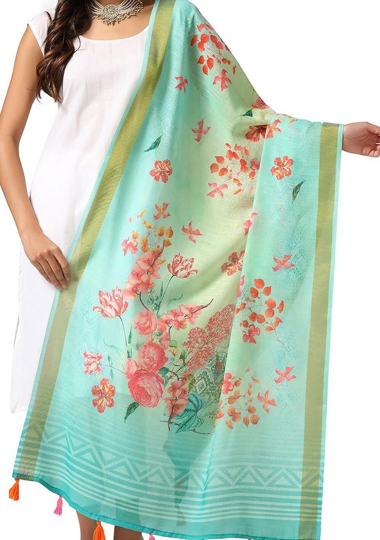 Floral Printed Dupatta With Zari