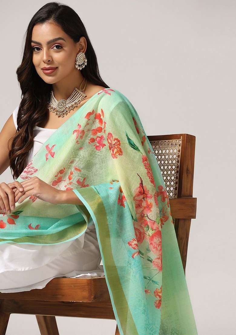 Floral Printed Dupatta With Zari - Indya