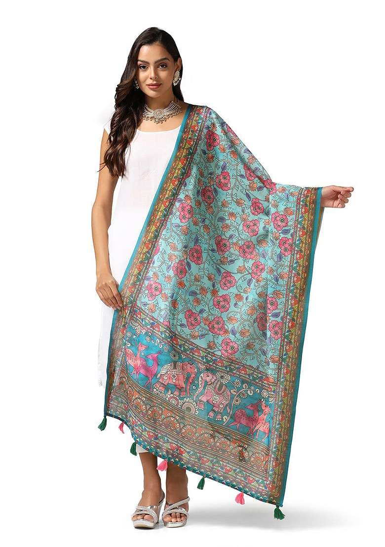 Floral Printed Linen Kalamkari Dupatta - Indya