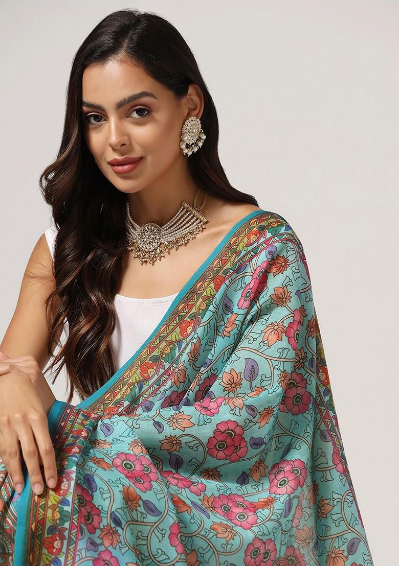 Floral Printed Linen Kalamkari Dupatta