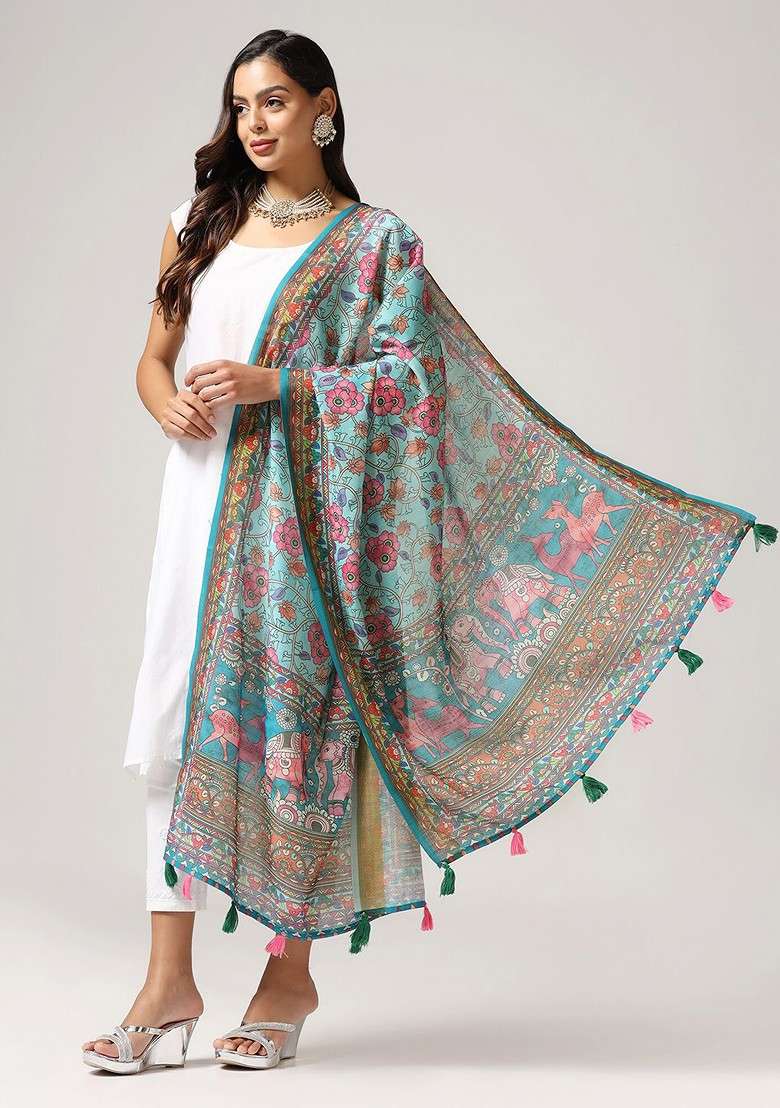 Floral Printed Linen Kalamkari Dupatta - Indya