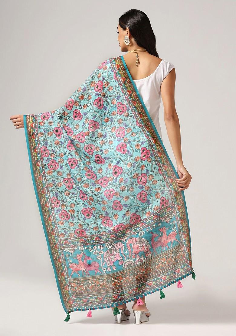 Floral Printed Linen Kalamkari Dupatta