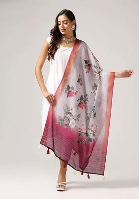 Floral Printed Linen Kalamkari Dupatta With Zari