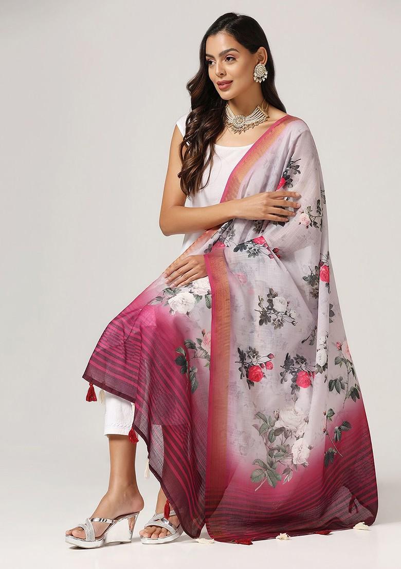 Floral Printed Linen Kalamkari Dupatta With Zari