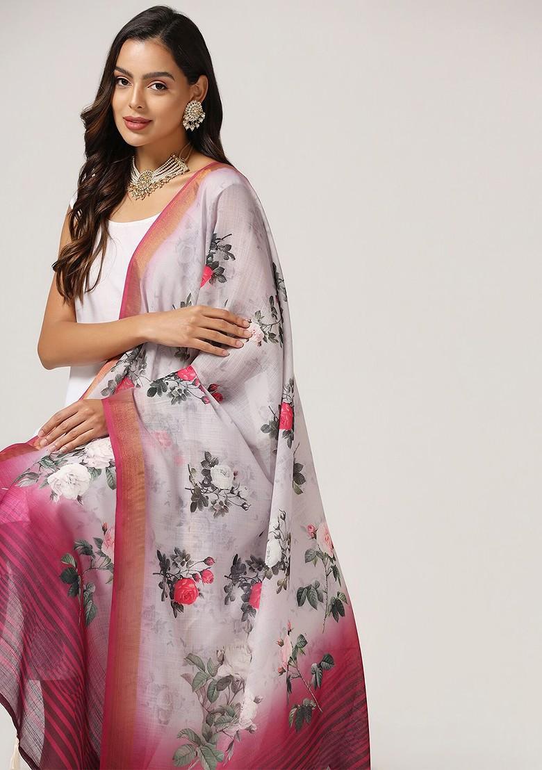 Floral Printed Linen Kalamkari Dupatta With Zari
