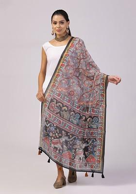 Floral Printed Linen Kalamkari Dupatta
