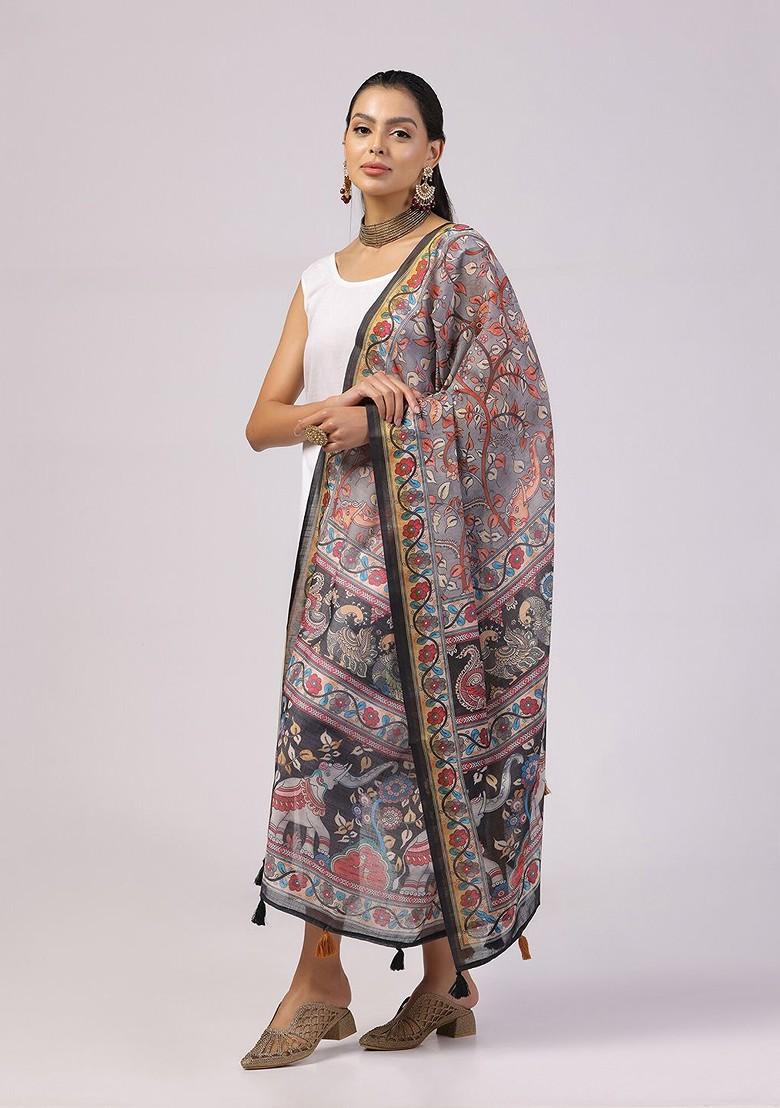 Floral Printed Linen Kalamkari Dupatta