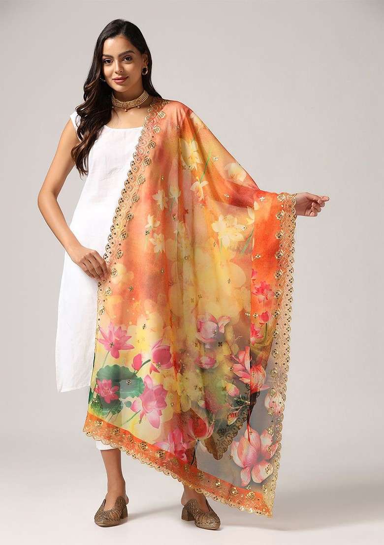 Floral Printed Dupatta With Zari - Indya