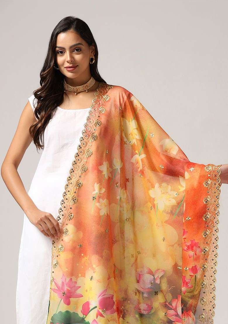 Floral Printed Dupatta With Zari - Indya