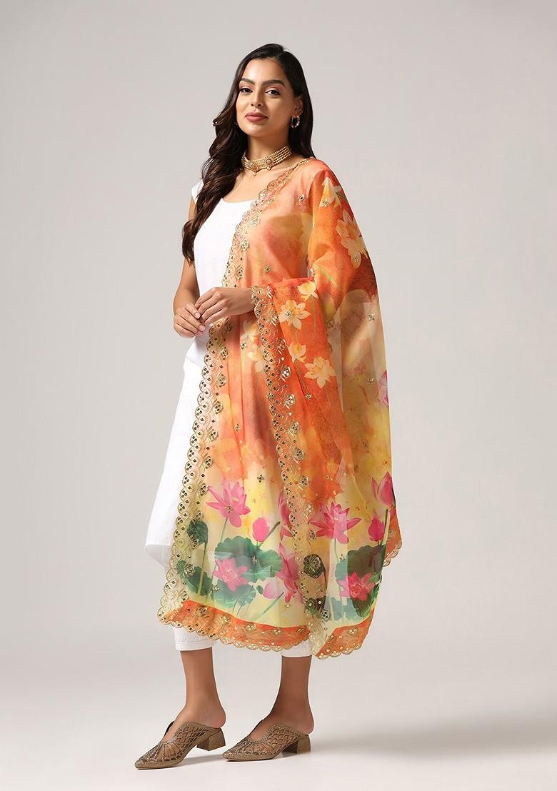 Floral Printed Dupatta With Zari