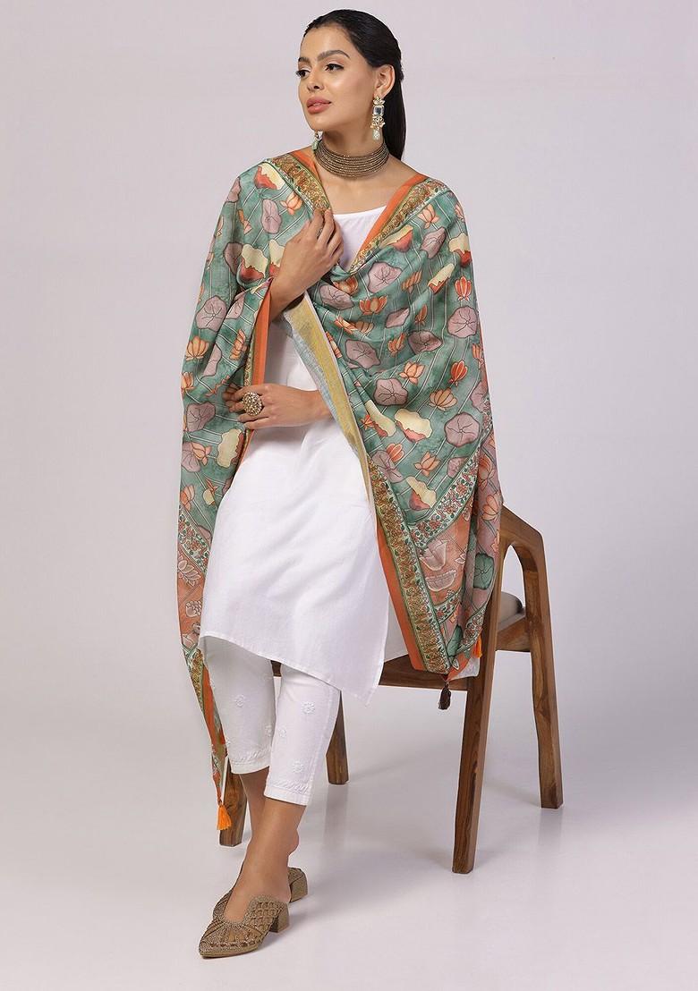 Floral Printed Linen Kalamkari Dupatta