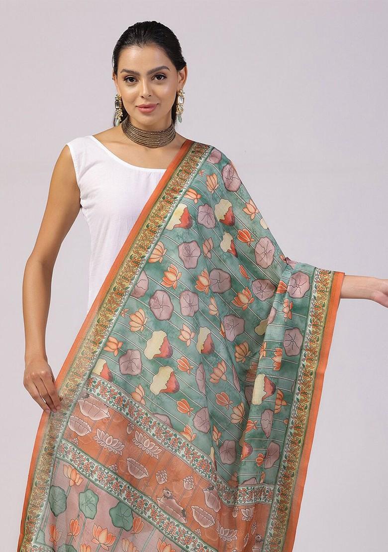 Floral Printed Linen Kalamkari Dupatta