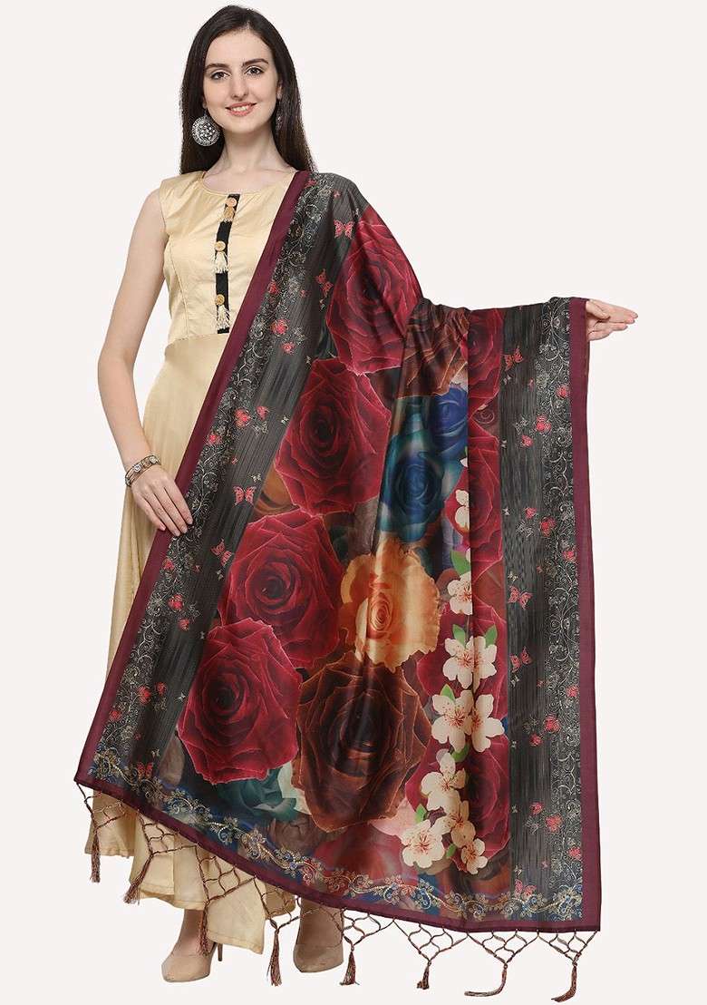 Maroon And Blue Printed Floral Dupatta - Indya