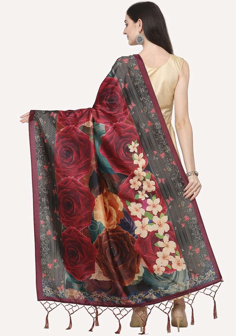 Maroon And Blue Printed Floral Dupatta - Indya