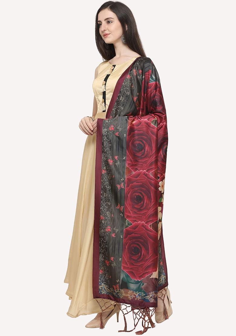 Maroon And Blue Printed Floral Dupatta
