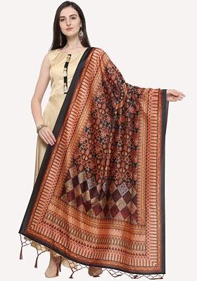 Black And Red Printed Floral Dupatta