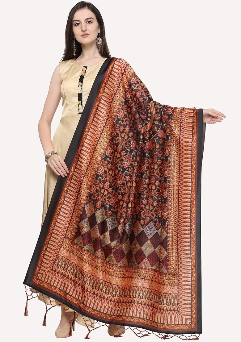 Black And Red Printed Floral Dupatta