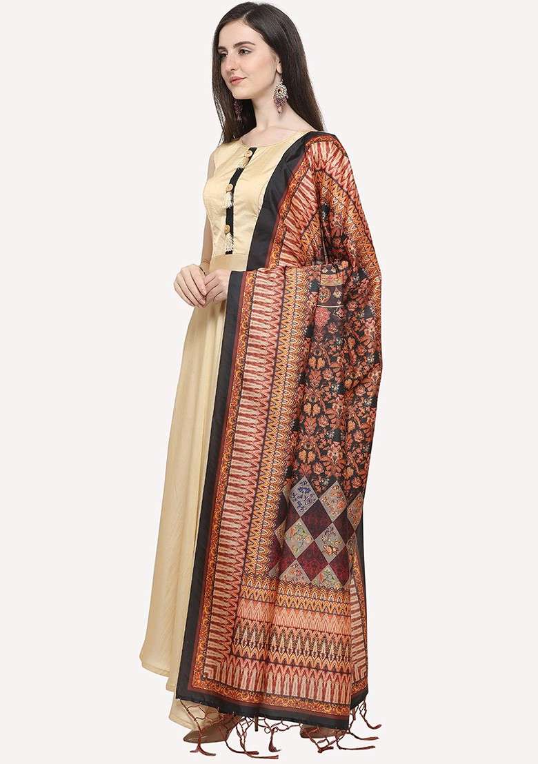Black And Red Printed Floral Dupatta - Indya