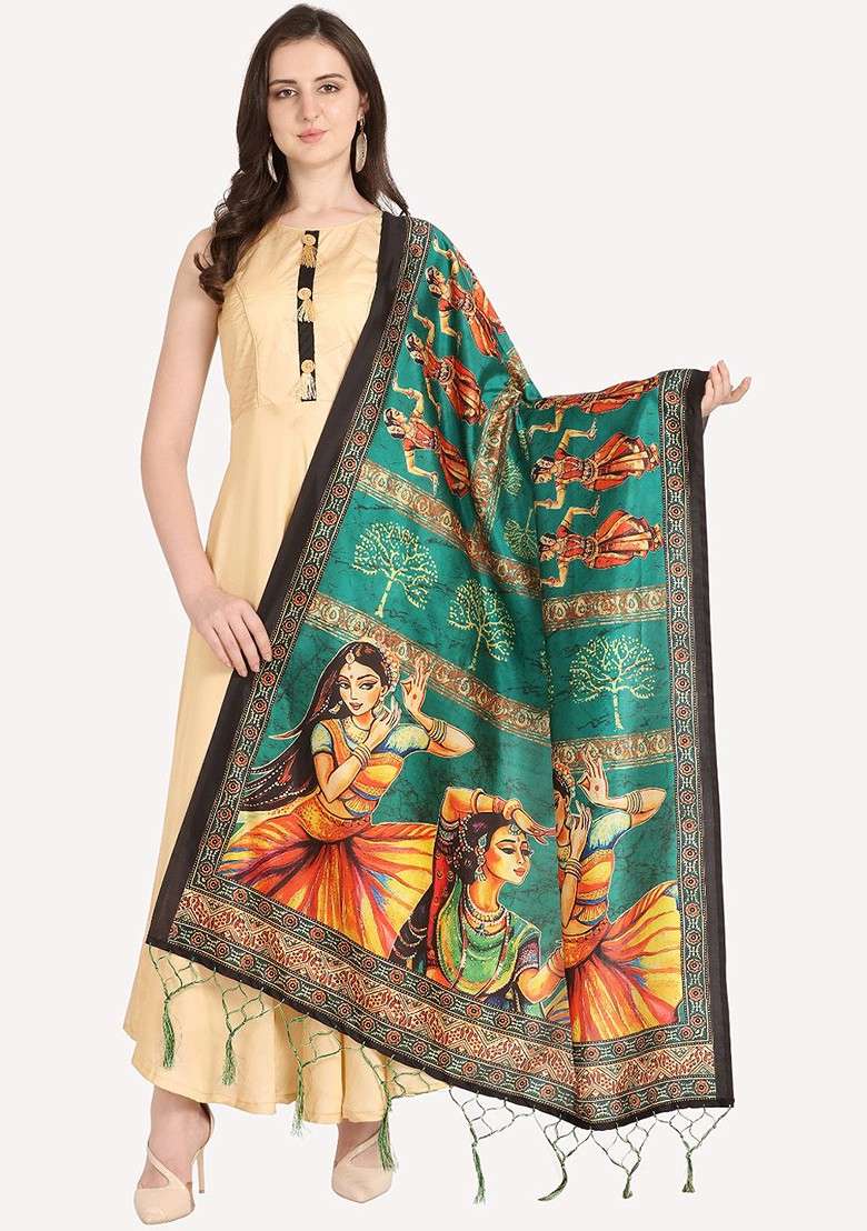 Green And Yellow Ethnic Motifs Printed Dupatta - Indya