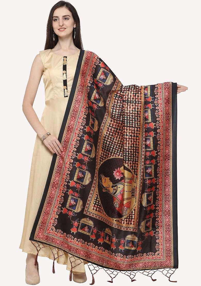 Black And Blue Ethnic Motifs Printed Dupatta - Indya