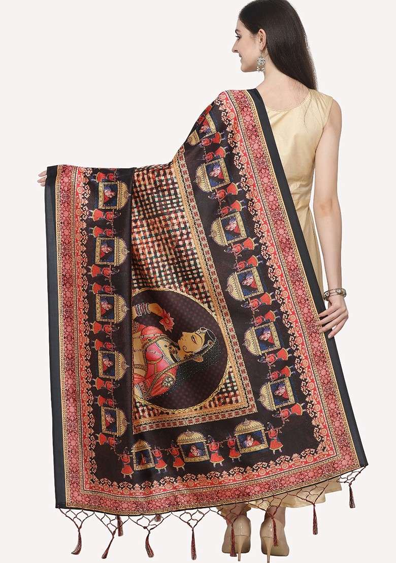 Black And Blue Ethnic Motifs Printed Dupatta - Indya