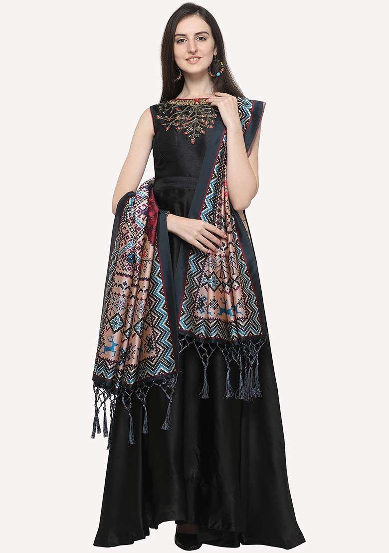 Black And Blue Ethnic Motifs Printed Dupatta - Indya