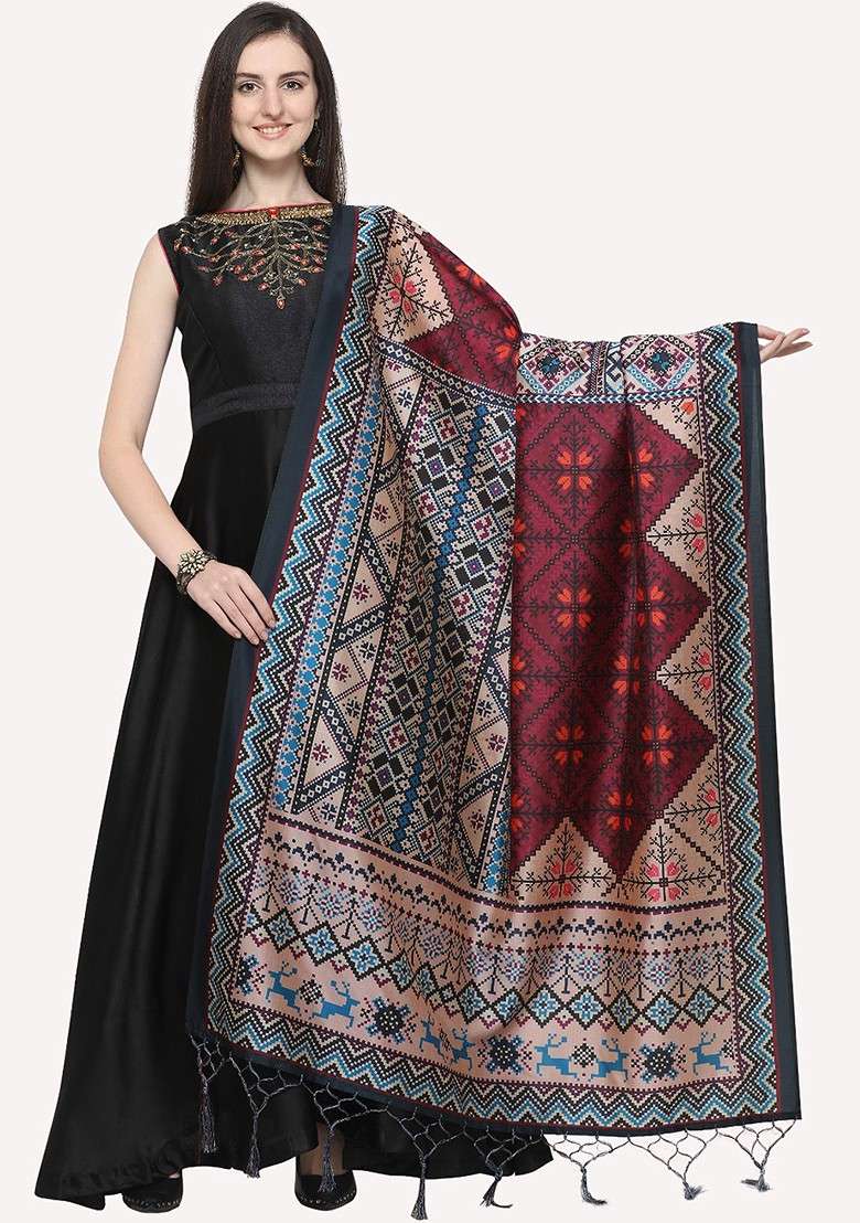 Black And Blue Ethnic Motifs Printed Dupatta - Indya