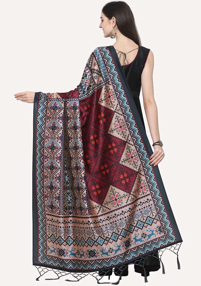 Black And Blue Ethnic Motifs Printed Dupatta - Indya