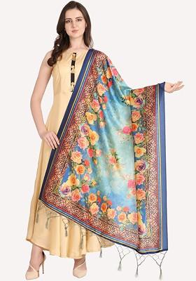 Blue And Yellow Printed Floral Dupatta