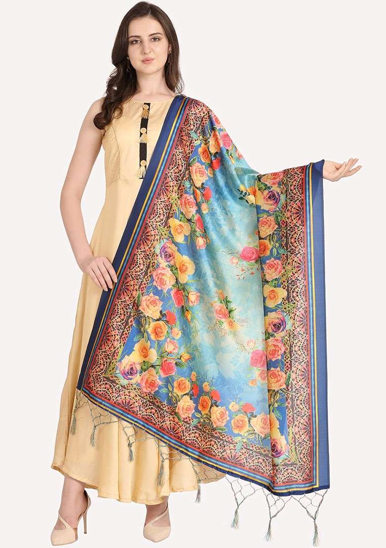 Blue And Yellow Printed Floral Dupatta - Indya