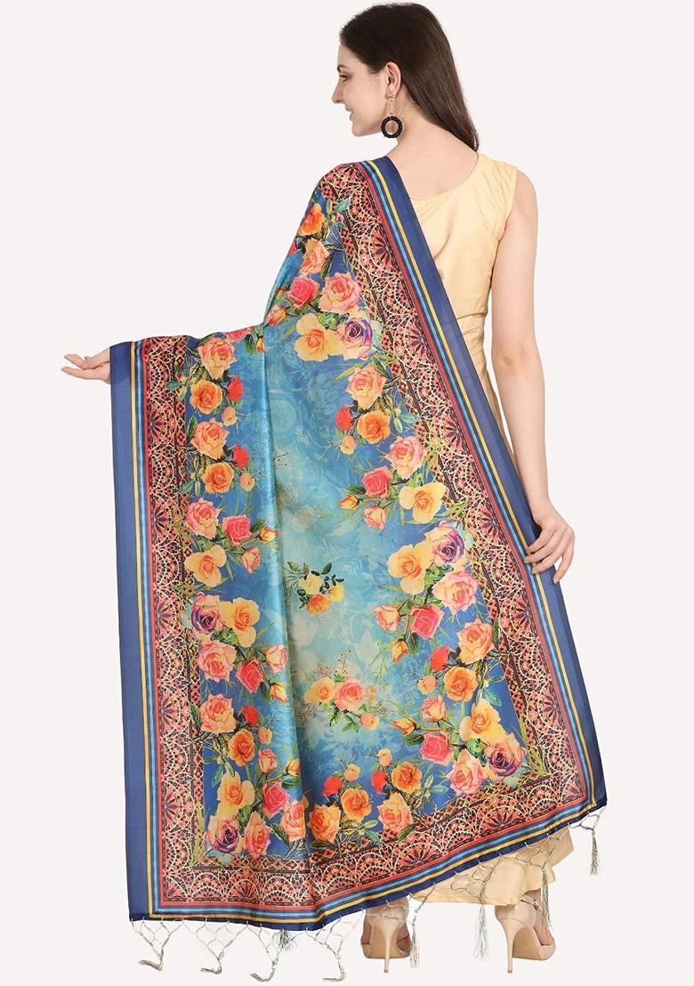 Blue And Yellow Printed Floral Dupatta