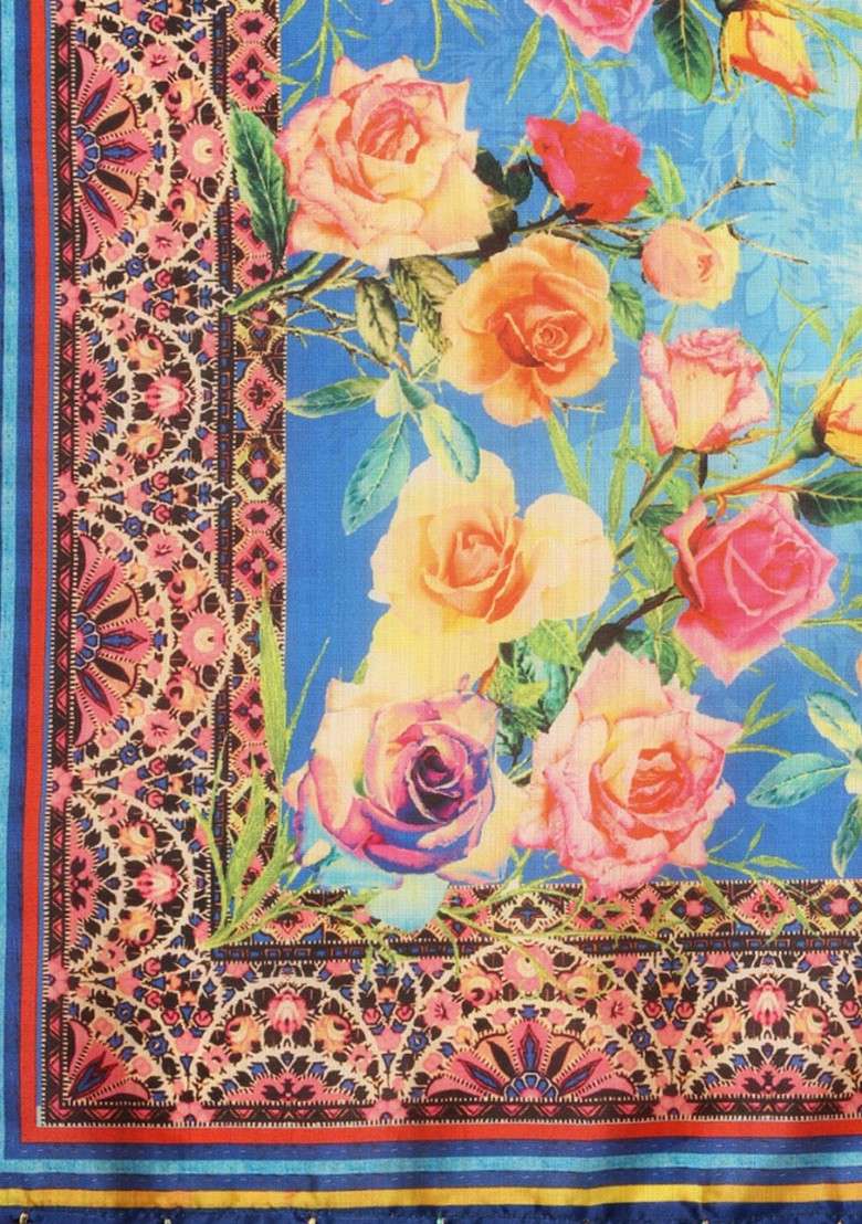 Blue And Yellow Printed Floral Dupatta - Indya