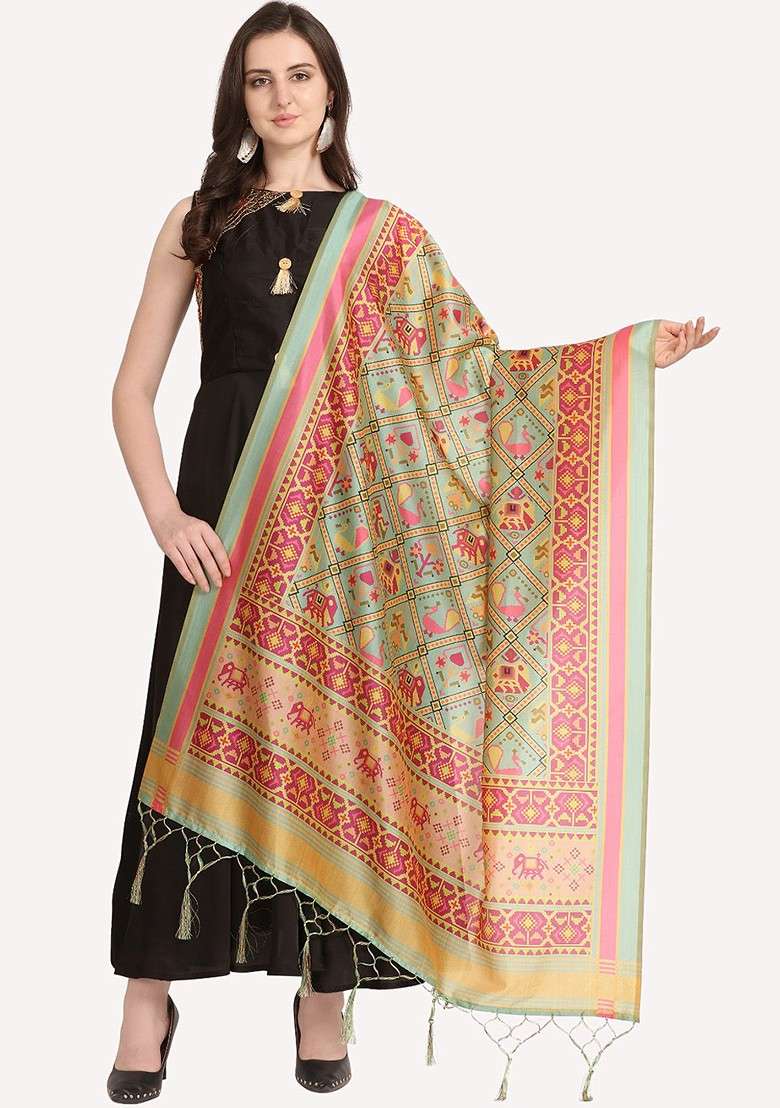 Green And Mustard Ethnic Motifs Printed Dupatta - Indya