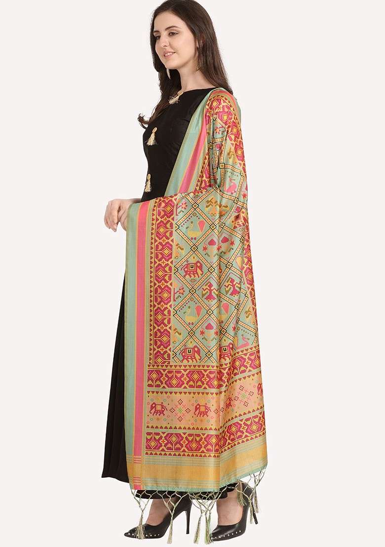 Green And Mustard Ethnic Motifs Printed Dupatta - Indya