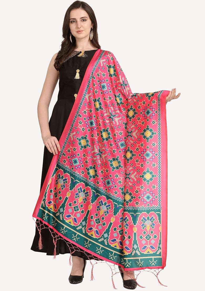 Pink And Green Ethnic Motifs Printed Dupatta - Indya