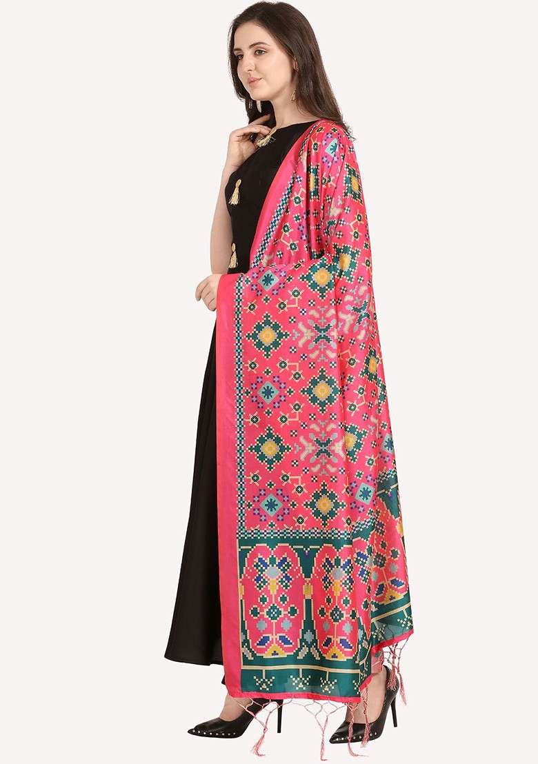 Pink And Green Ethnic Motifs Printed Dupatta - Indya